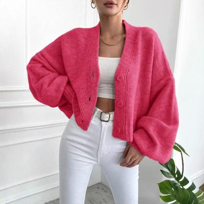 Gestrickte Strickjacke für Damen im Herbst Winter Neuer Stil Clip-on Lässige Pullover Lockerer V-Ausschnitt Laternenärmel Pullover