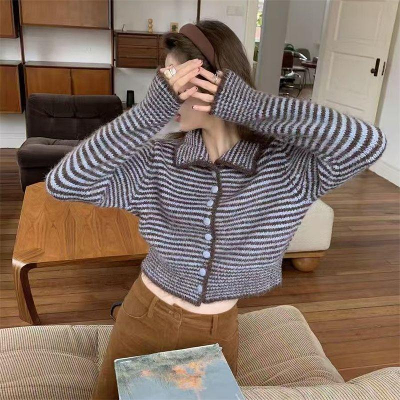 Small Lapel Striped Cardigan Autumn Winter Short Chic Light Luxury Contrast Women's Sweater Jacket