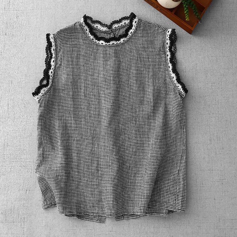 2026 Summer Women s Retro Color Block Embroidered Lace Linen Sleeveless Vest Top M