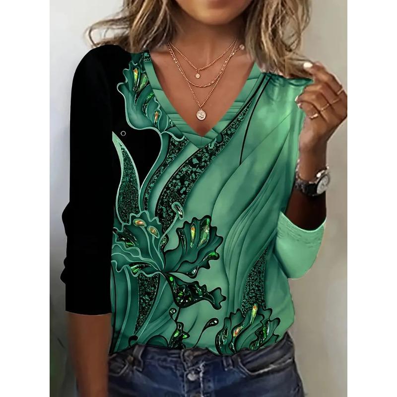 Summer V-neck 3D Plant and Flower Patterns Printed Top Fashionable Casual Color Blocking Short Sleeved Women's T-shirts