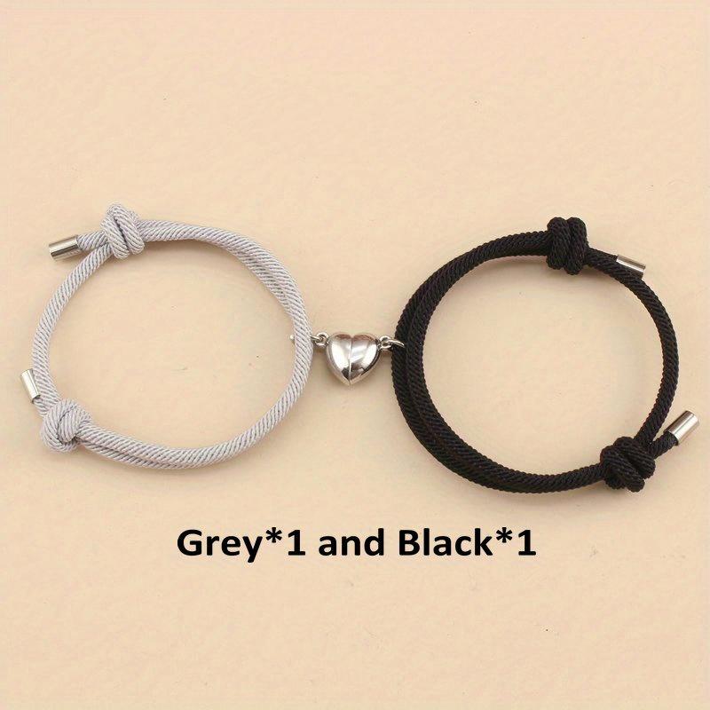 2pcs/set Magnetic Heart Charm Braided Rope Adjustable Bracelets For Couples, Holiday Birthday Gift For Boyfriends / Girlfriends