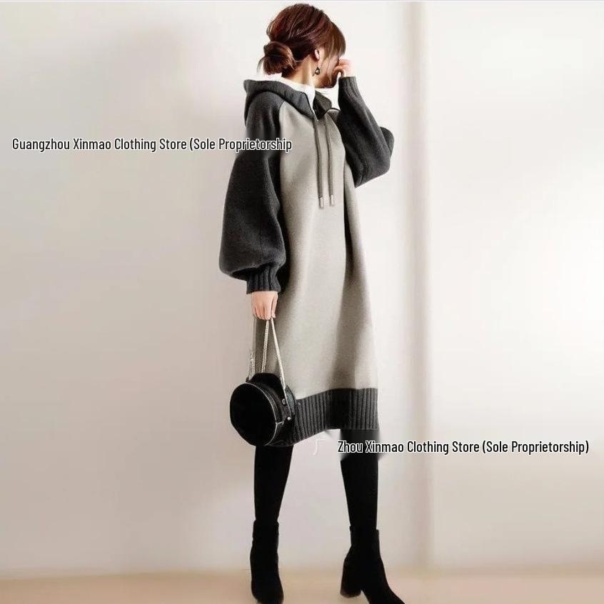 

Japanese Style Color Block Hooded Sweatshirt Dress - 2025 Autumn/Winter Collection S серый