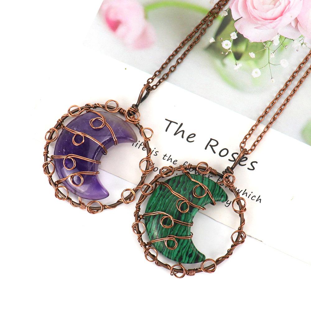 Handmade Winding Natural Crystal Agate Moon Pendant Necklace Couple Jewelry N589