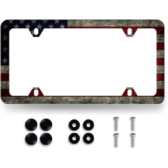 Vintage American Flag License Plate Frame Patriotic USA Flag License Plate Personalise Stainless Steel Auto Parts Funny License Plate Decoration With Vintage American flag Pat