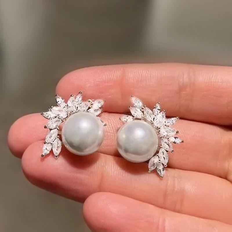 

CAOSHI Delicate Simulated Pearl Stud Earrings Women Bridal Wedding Ceremony Zircon with Brilliant Zirconia Gorgeous Accessories