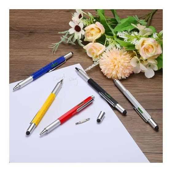 uxcell 3pcs 6 in 1 Aluminum Multi Tool Tech Tool Pen Ballpoint Pen Ruler Screwdriver Stylus with Level and Refill for Christmas Gift Silver