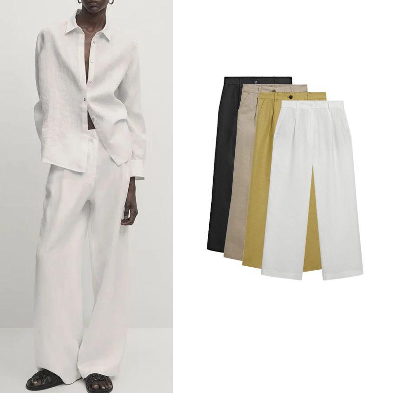 MD Spring New Women's Leisure Commute Draping Effect Plaid Linen Blended Straight-Leg Wide-Leg Pants 5072770