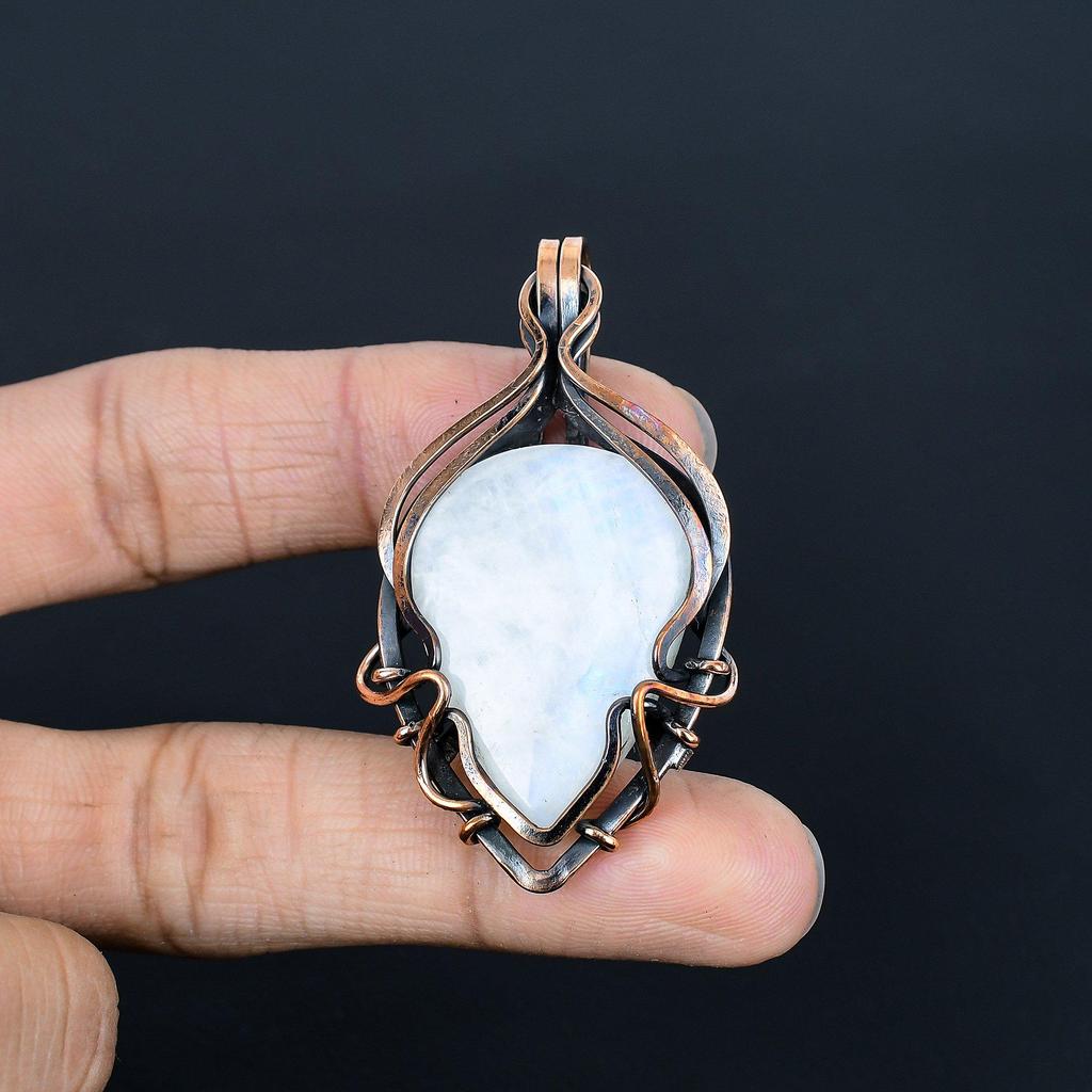 Rainbow Moonstone Pendant Gemstone Jewelry, 999 Copper Wire Wrapped Pendant, Handmade Beautiful Jewelry Pendant