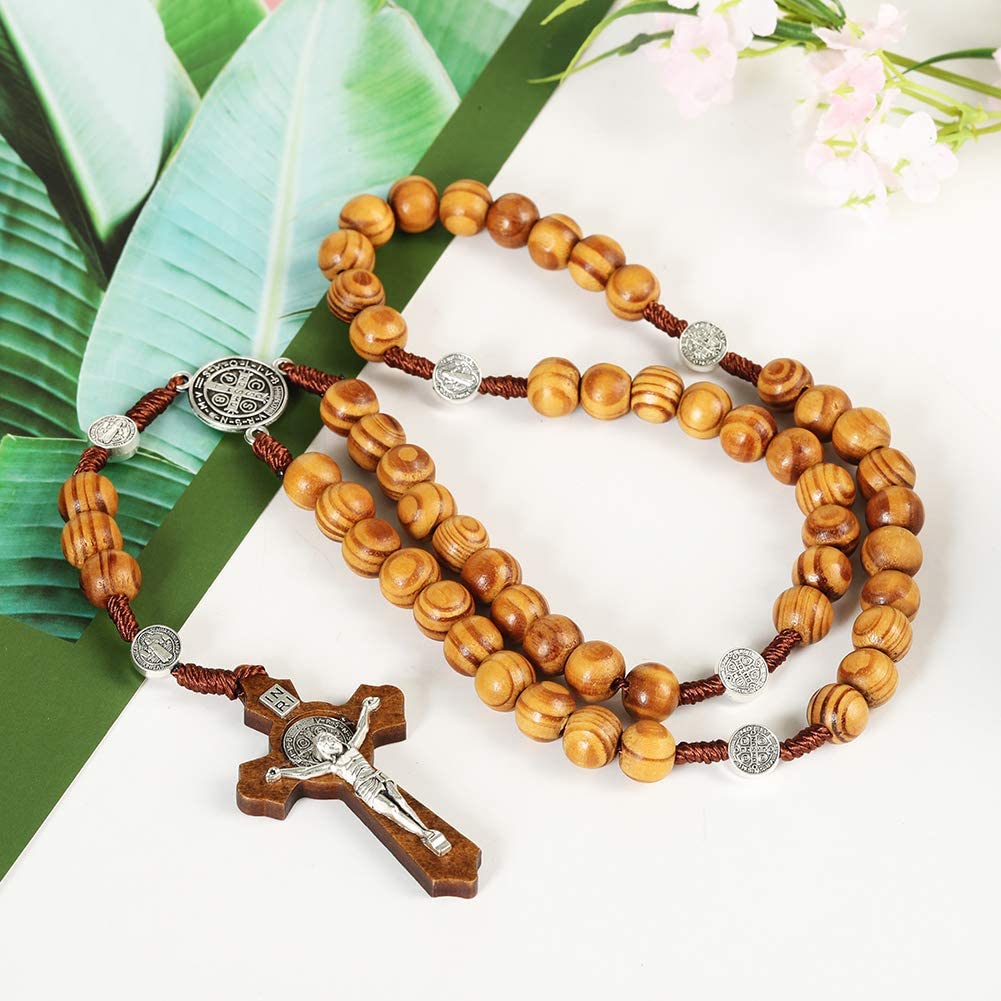 Rosary Beads Catholic Wood Cross Necklace Car Rearview Mirror Decor