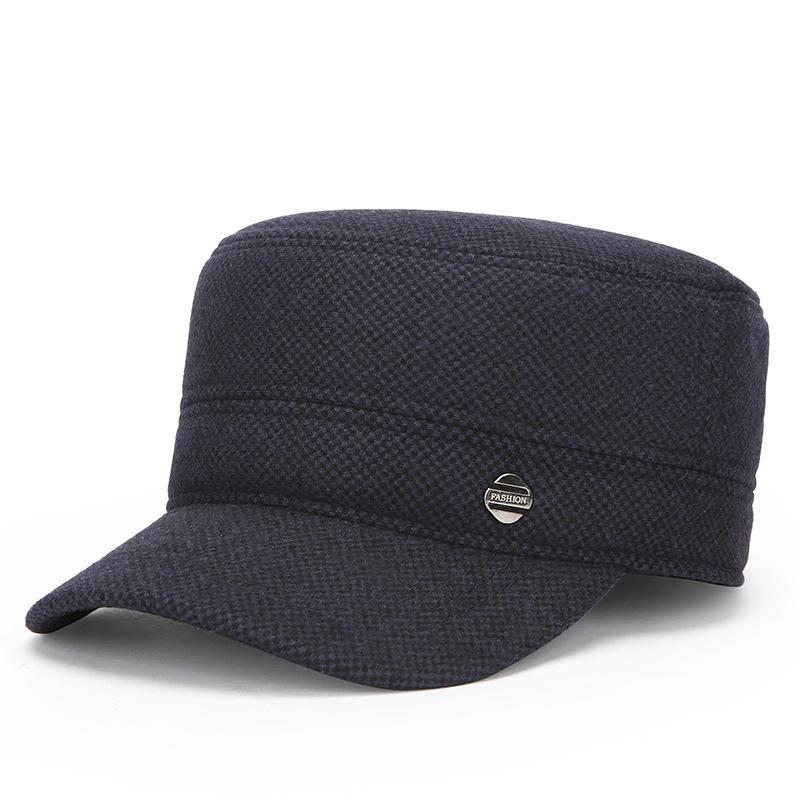 New Men'S Hat Winter Cotton Plus Ear Protectors Woolen Flat Top Hat Middle-Aged Elderly Hat Outdoor Thermal Hat