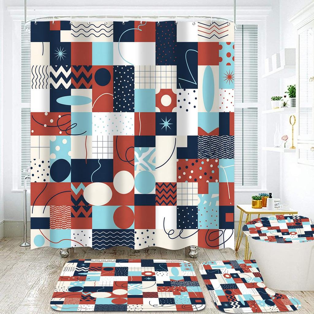 4Pcs Shower Curtain Set with Non-Slip Bath Mat, Toilet Lid Cover, Contour Rug & 12 Hooks, Bathroom