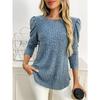 Women Solid Crew Neck Puff Sleeve Long Sleeve Brushed Striped T Shirt Top