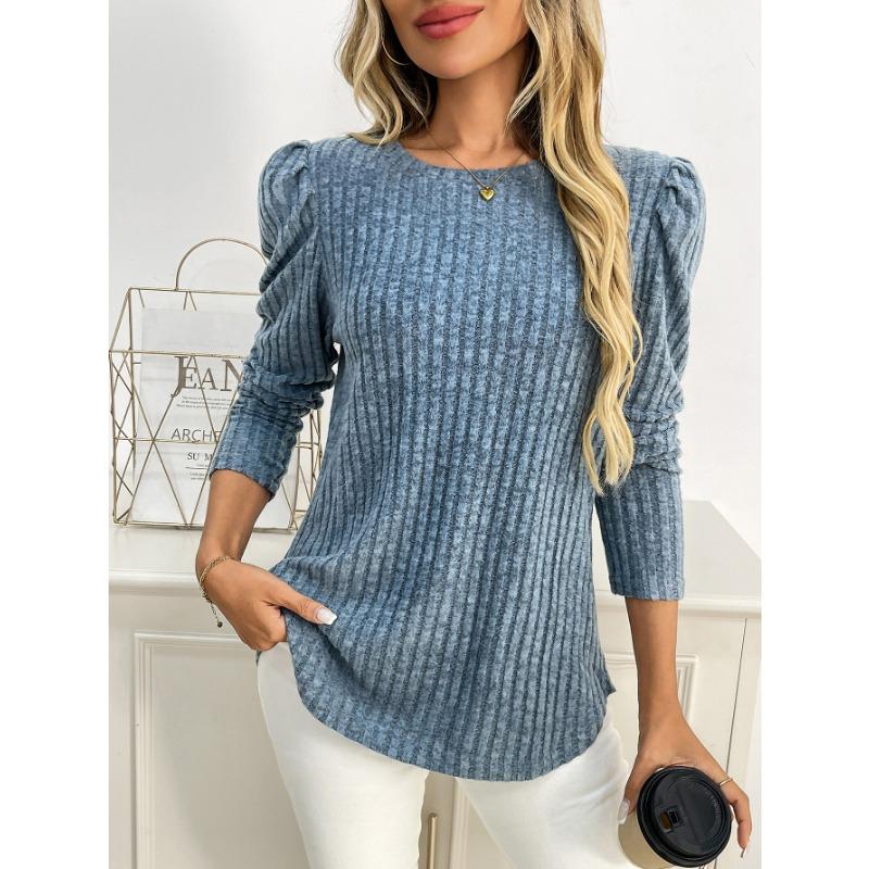 Women Solid Crew Neck Puff Sleeve Long Sleeve Brushed Striped T Shirt Top