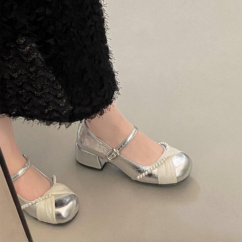 Piękne perłowe czółenka Mary Jane damskie jesienne nowe baletki temperament gruby obcas ze spódnicą skórzane buty