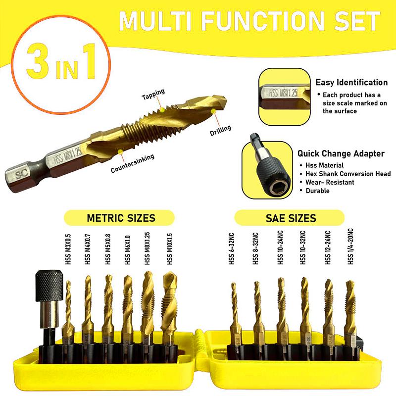 13PC Metric Imperial Composite Tap Set - All-in-One Tapping/Drilling/Chamfering Tool for Metalworking color random