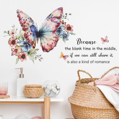 Inspirational English Quote Flower Butterfly Wall Sticker Self-Adhesive for Bedroom Living Room Home Decoration