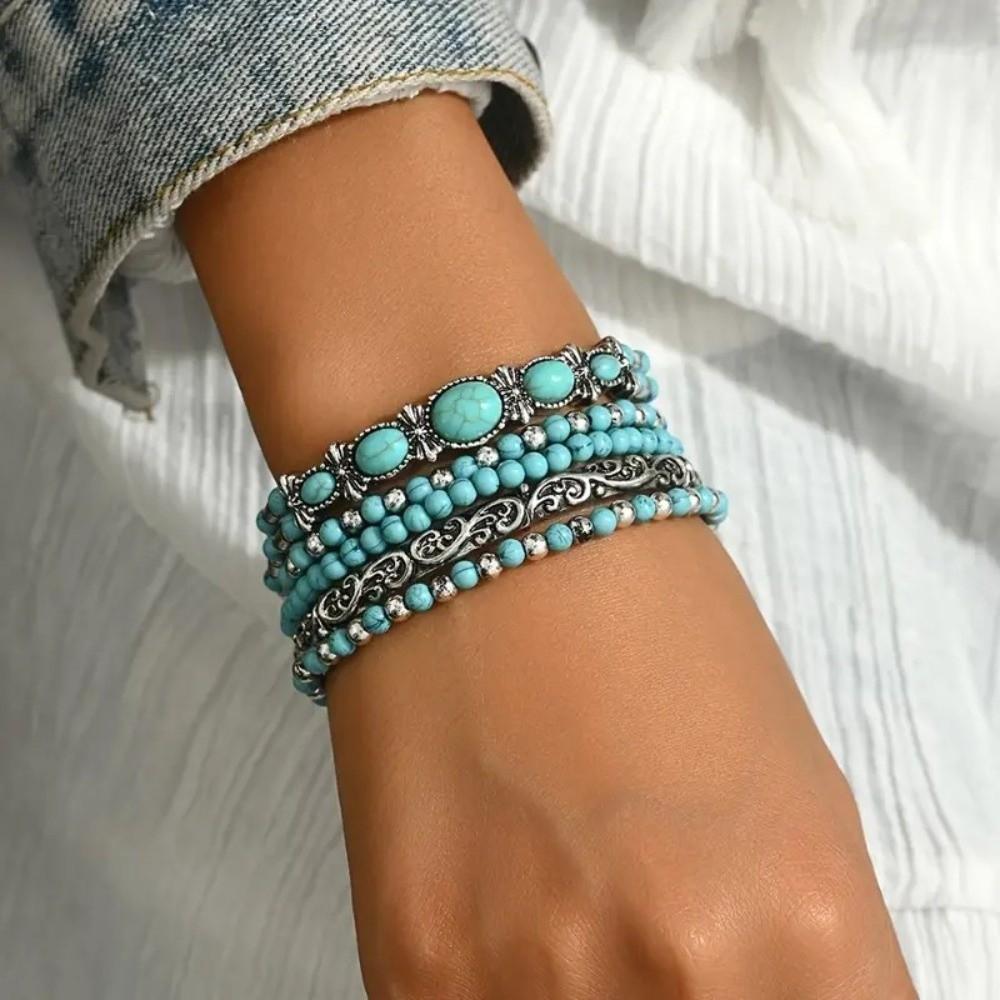 5 Stück Neues Türkis Armband Elastisch Böhmisches Perlenarmband Set Handgefertigt Stapelbar Handkette Geschenke