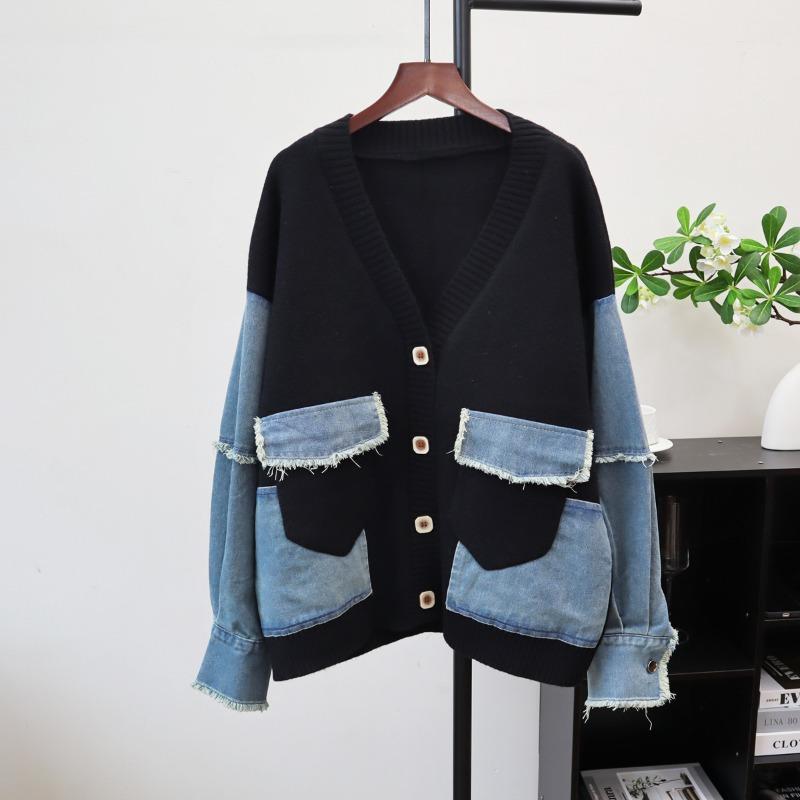 Autumn and winter new splicing denim knitted cardigan design sense loose casual lazy wind sweater jacket women
