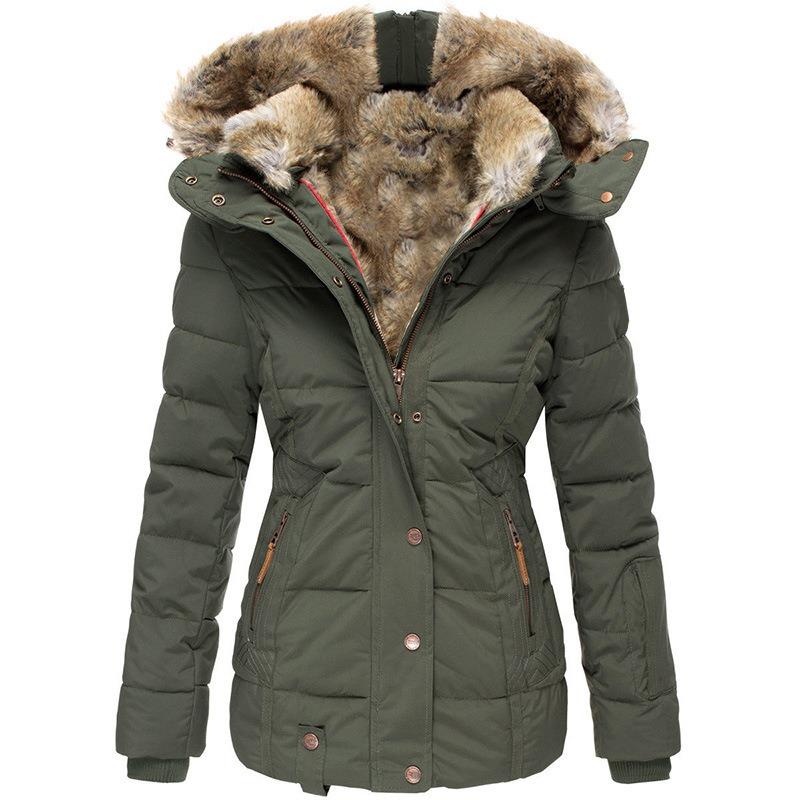 New Winter Warm Fur Collar Cotton Coat Women's Zipper Long-sleeved Slim Cotton Coat Hooded Coat