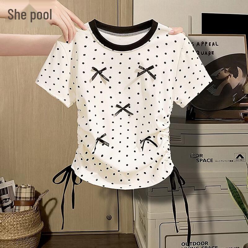 Women s Sweet 3D Bowknot Polka Dot Round Neck T-Shirt M