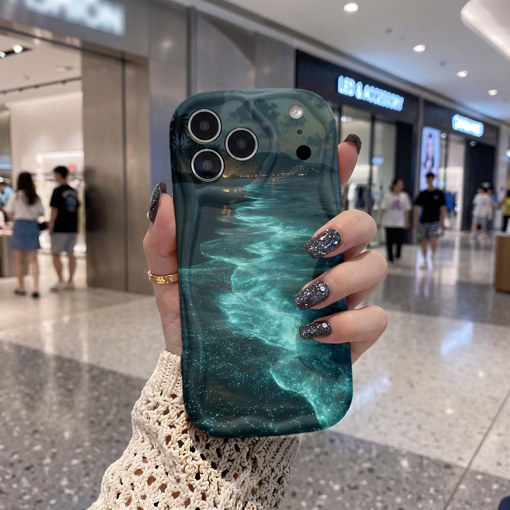 Glowing Night Ocean Wave Phone Case for iPhone 16 15 14 Pro Max 13 12 11 Mini XR XS SE Wavy Edge Soft Protective Cover