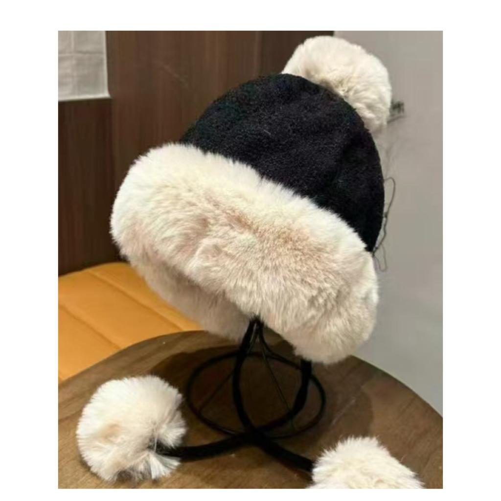Plush Hat Lady Winter Big Head Circumference Bucket Hat Warm Mongolian Hat Cute Hairball Hat