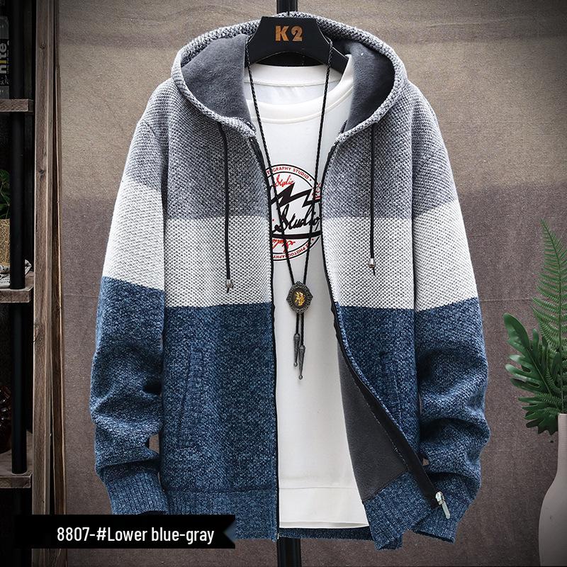 Cross2026 Men s Autumn/Winter Hooded Sweater - Plus Velvet Thick Knitwear M сине серый