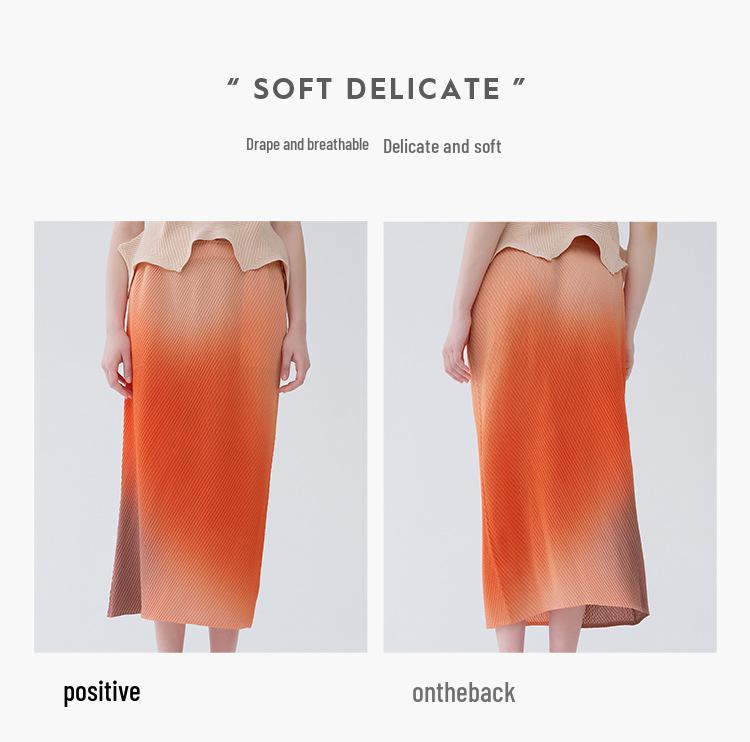 2025 Gradient A-Line Midi Skirt: High-Waisted, Fish Scale Print, Pleated Design