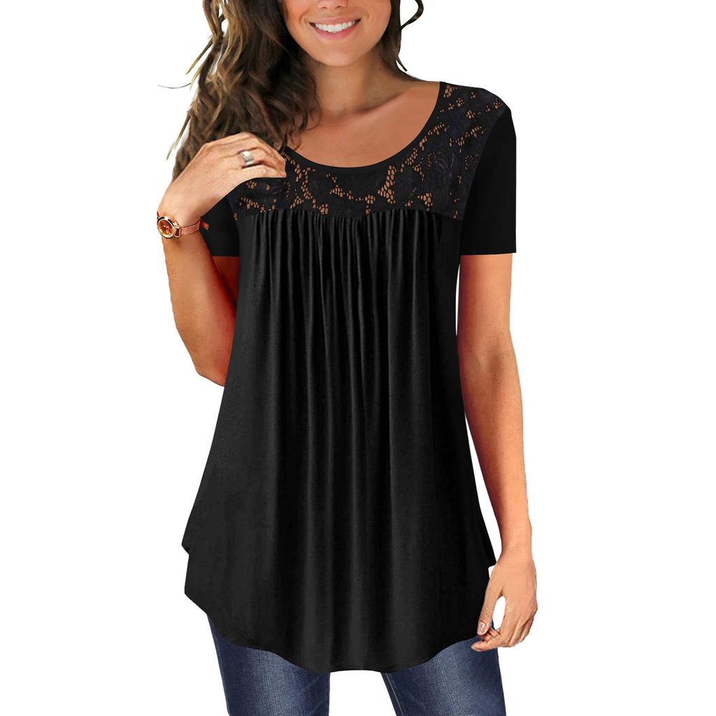 Women's Summer Casual Solid Color Short-sleeve Lace Stitching O-neck Loose T-shirt Top
