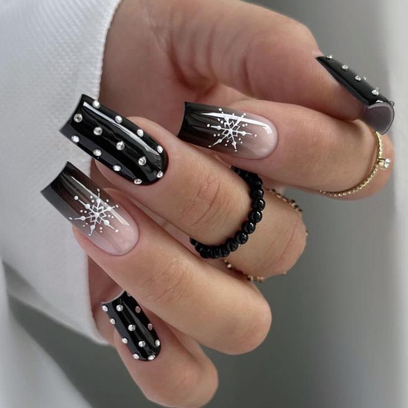 

2024 Snowflake French Gradient Rhinestone Nail Art - Medium-Length Wearable Nails