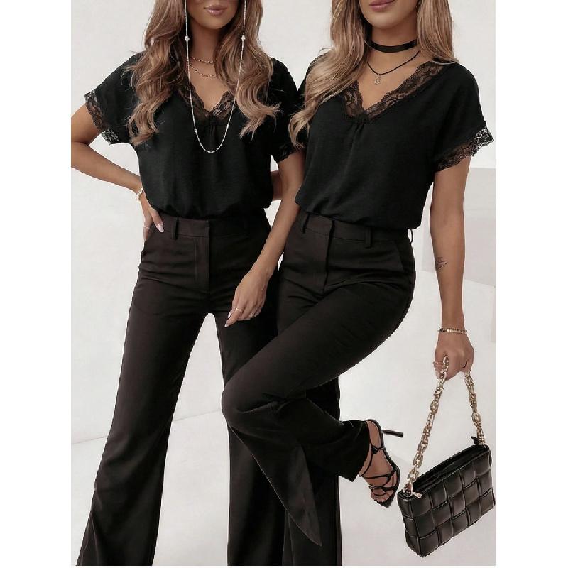 V-neck lace patchwork short-sleeve T-shirt women's summer new loose fashion top