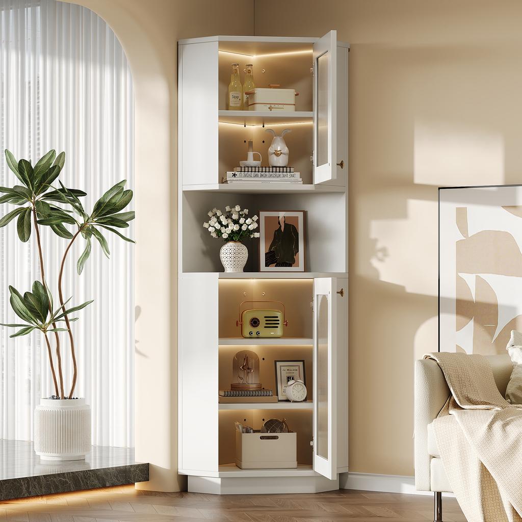 Bathroom Cabinet with Light Strip, Corner Cabinet with Two Storage Compartments, Open Compartment with Adjustable Shelves, 45x 45 x 166.5 cm, White