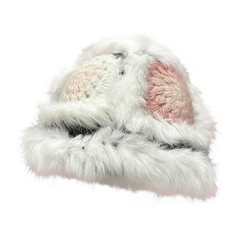 Real Rabbit Fur Hat Female Winter Warm Hairy Lion Hat Versatile Face Small Knitted Wool Hat Plush Cold Hat