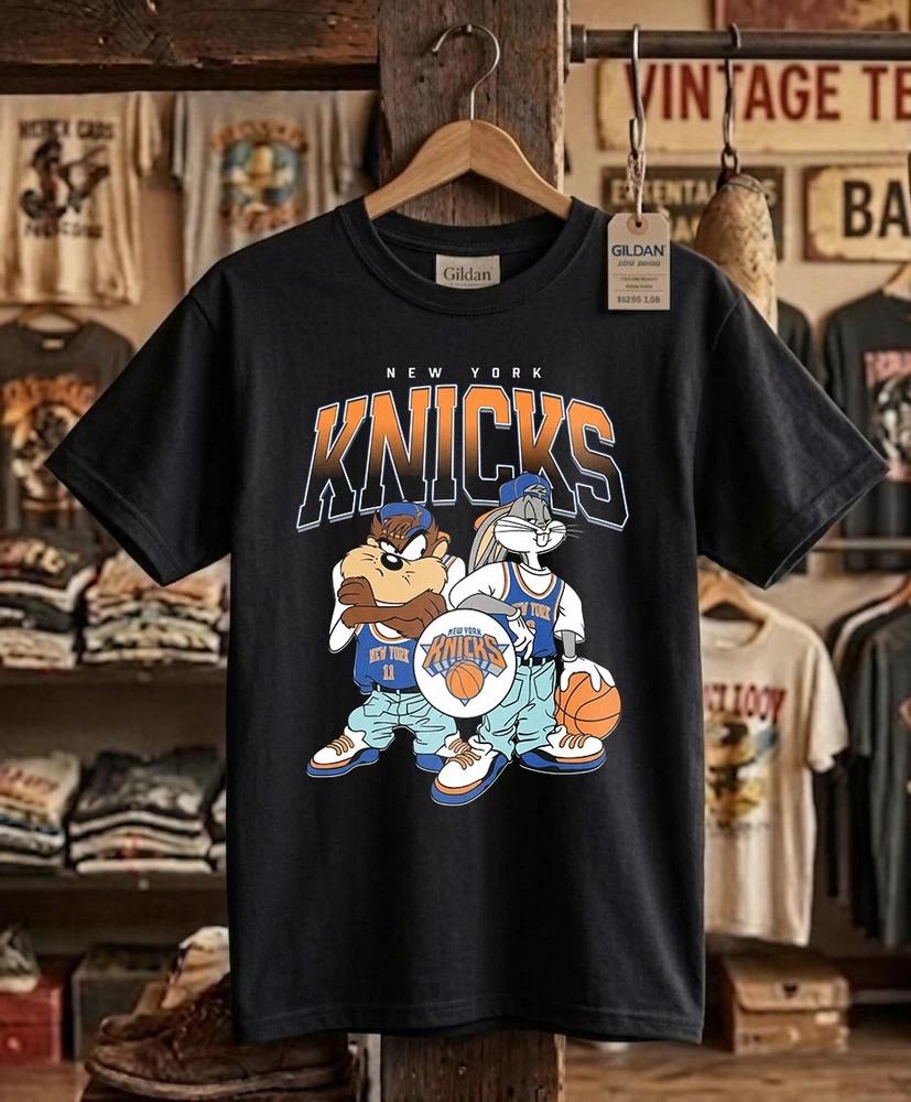 Vintage New York Basketball Cartoon Tee Retro 1990s Bootleg Style Black Shirt