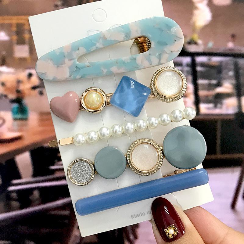 5Pcs/Set Fashion Smiley Pearl Hair Clip For Women Girl Geometric Acetate Barrettes Hairpin Headwear Hair Accessories  Trendy