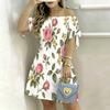 Women Plus Size White Off Shoulder Short Sleeve Tie Cuff Floral Printed A Line Dress
