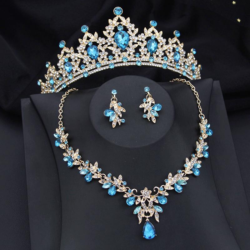Gorgeous Princess Purple Crystal Bridal Jewelry Sets for Women Tiaras Crown Bride Earrings Wedding Necklace Jewelry Set