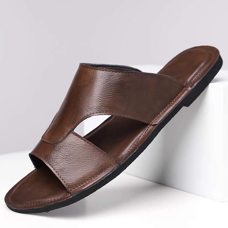 Men's Leather Beach Slippers Breathable Non - slip Slippers Casual Outdoor Stylish Comfortable Slides for Vacation  Summer Shoes