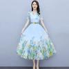 Short-sleeved Dress Women's Summer New Thin and High Temperament Round Neck Chiffon Printed Pendulum Long Skirt