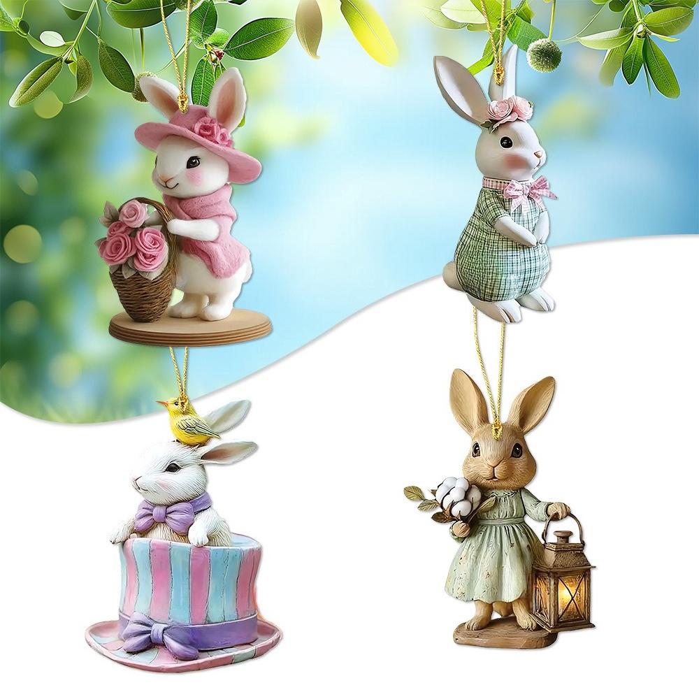 Easter Cute Bunny Acrylic 2D Pendant Keychain Accessory  For Car Rear View Mirror Backpack Porch Decoration Craft Gift