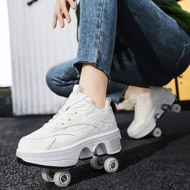 Doppelreihe Deformationsrad Automatische Laufschuhe Unsichtbare Verformung Rollschuh 2 in 1 Abnehmbare Riemenscheibe Skate Skaten Parkour
