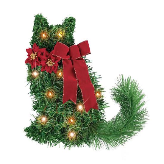 

Lighted Cat Wreath Artificial Greenery Wreath with for Front Door Poinsettia And Red Bow Christmas