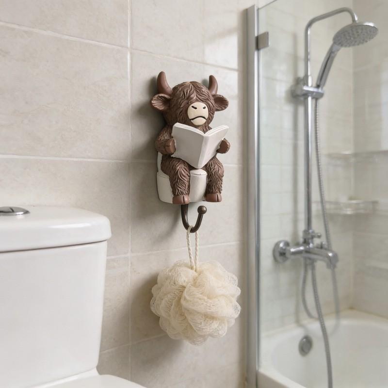 2026 New Creative Home Bathroom Highland Cow Statue Ornament, Resin Figurine with Hook, Funny Sitting Cow Decor
