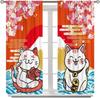 Japanese Curtains Cute Lucky Cat Rustic Pink Cherry Blossoms Mountain Fuji Red Sun Pattern Decor Drapes for Bedroom Living Room