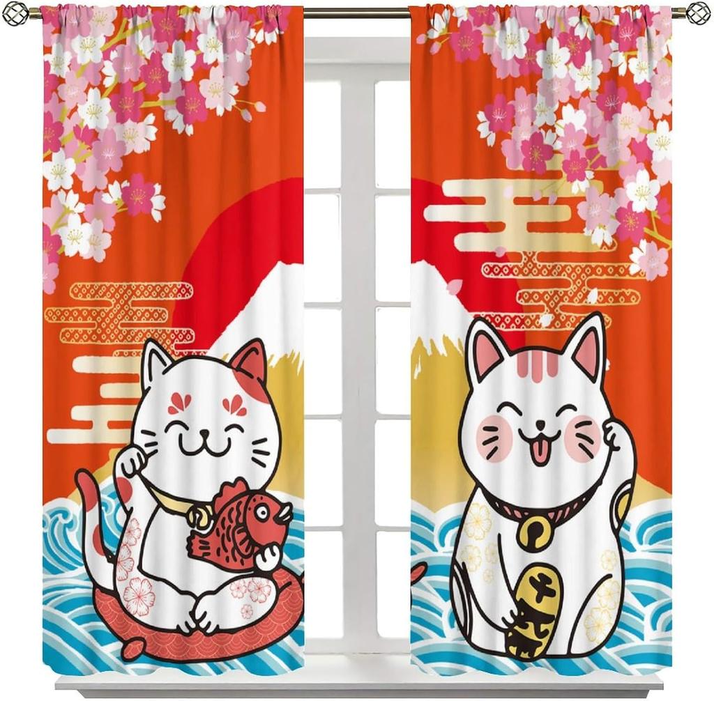 Japanese Curtains Cute Lucky Cat Rustic Pink Cherry Blossoms Mountain Fuji Red Sun Pattern Decor Drapes for Bedroom Living Room