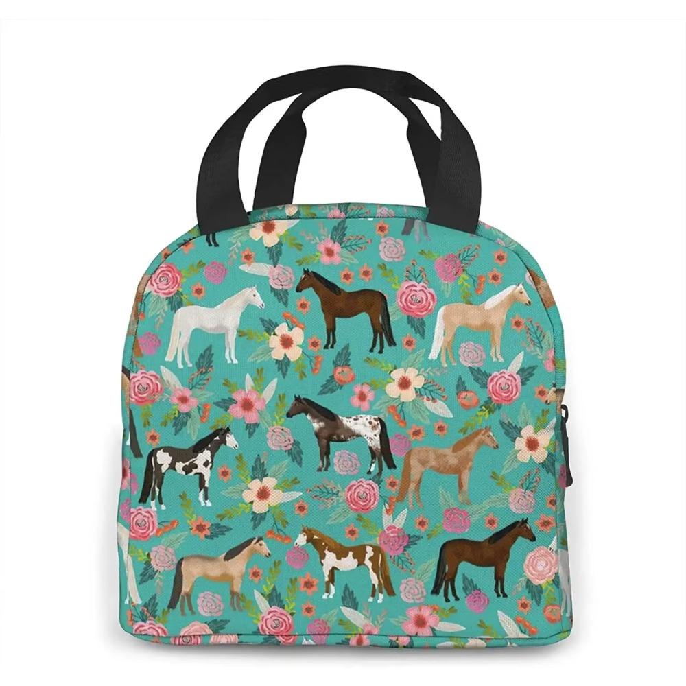 Pferde und Blumen Lunchtasche Isoliert Wasserabweisend Tragetasche Wiederverwendbare Lunchbox für Picknick Reise