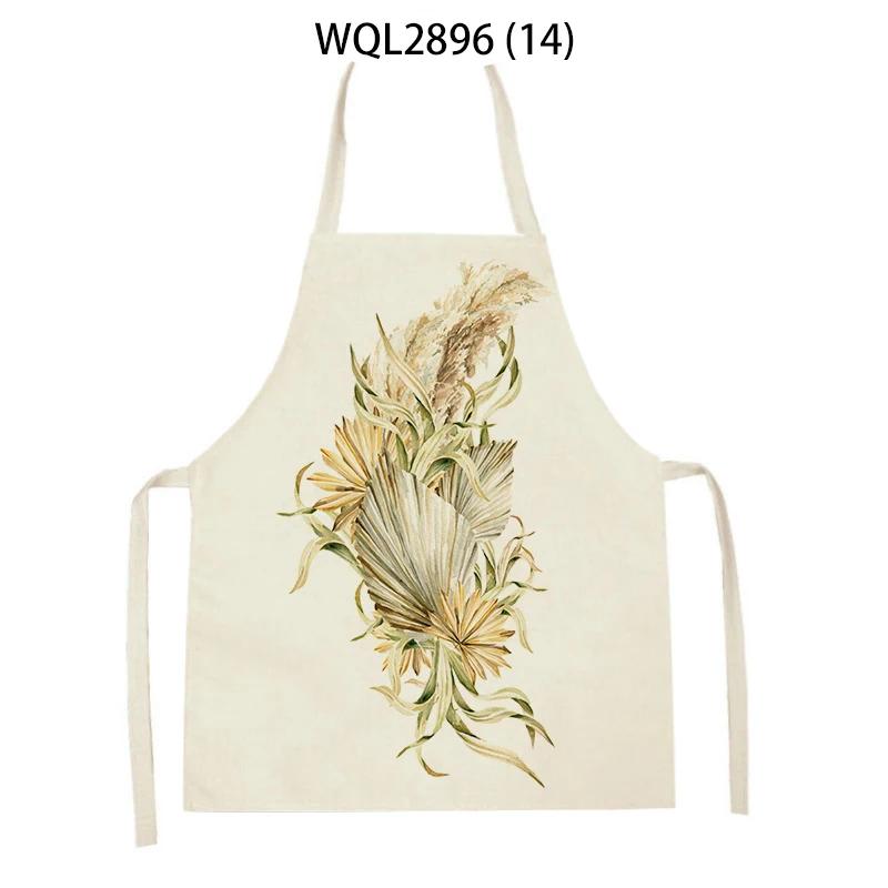 Plants Printed Kitchen Aprons Men Women Cooking Cleaning Aprons Wheat Flowers Pattern Linen Waist Apron Baking Accessories