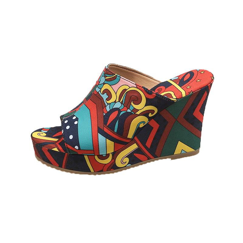 Fashion Slope Slippers Summer New Round Head Open Toe Printed Waterproof Table Cover Foot Anti-slip Wear-resistant High Heels