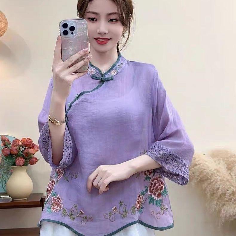 Sommer neues mittelärmeliges Baumwoll- und Leinen-Kurzarm-Oberteil im nationalen Stil mit Stickerei, schräger Knopfleiste und ethnischer Schnalle