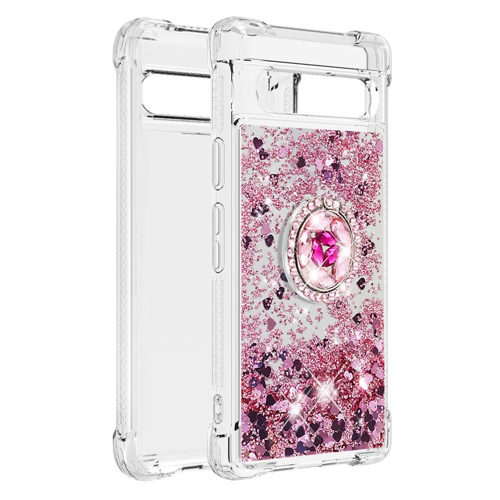 

For Google Pixel 7a TPU Case with Kickstand Quicksand Shockproof Cover Rose Gold/Hearts